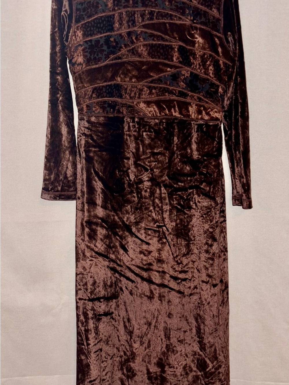 René Derhy Collection Velvet Maxi Dress M Brown Patchwork Floral Boho Y2K 90s